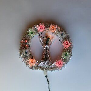 Vintage Angel Wreath Silver Tinsel Multicolor Lights Tree Topper Wall Art Works
